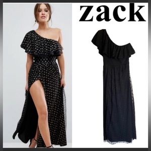 Sexy Black Maxi Dress Long Bare Shoulder Lace Ruffle John Zack Size 8 Petite